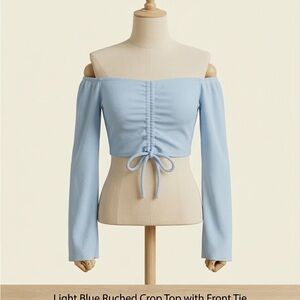 Light Blue Off-Shoulder Ruched Crop Top with Front Tie
